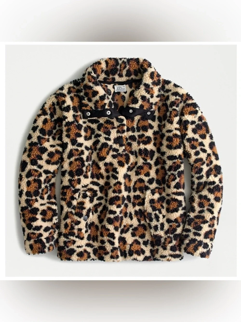 J. Crew Snap-Collar Sherpa Pullover Jacket in Leopard Print